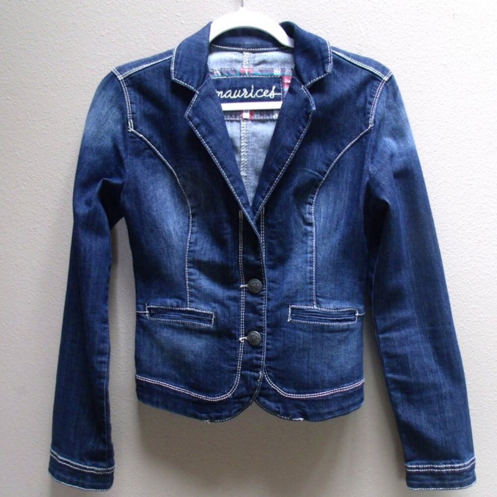 Maurices Blue Jean Denim Fitted Jacket Blazer Sz Small